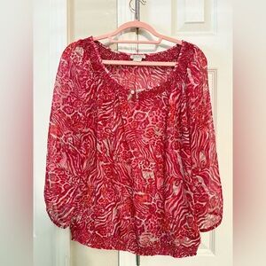 4/$15 Lucky Brand Red and Pink Animal Print Blouse Size Medium